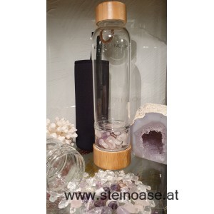Glasflasche mit Amethyst + Rosenquarz + Bergkristall